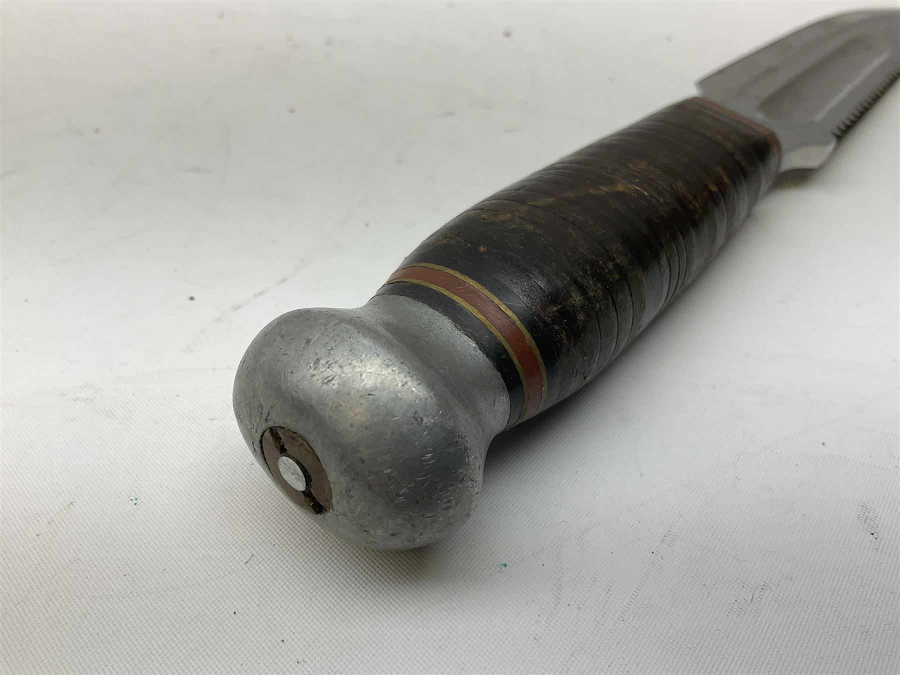 German ERN Wald-Solingen Art Deco style hunting knife with 13cm Bowie type blade and chrome fittings with antler grip; in leather sheath L24.5cm overall; and Bianchi Rastignano Aeronautica Militare combat knife with 15.5cm Bowie type saw-back blade and stacked leather grip (2)