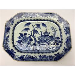 Two late 18th/early 19th century Chinese export blue and white platters, of canted form, decorated with precious objects, willow and chrysanthemum, within spearhead and scroll and butterfly borders, largest example W41.5cm, smaller W36cm 