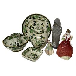 Two Royal Doulton figures, comprising Helen HN3886 and Babie HN1679, together with a Nao figures and a collection of Mason's Chartreuse pattern items 