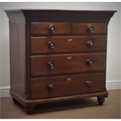  George III oak chest, two short and three long drawers, turned supports, W102cm, H100cm, D58cm  