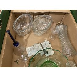 Three boxes of glass to include moulded decanters, Royal Doulton vase, jelly moulds, bowls etc