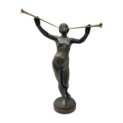  After Eugen Schlipf, Fanfair, bronzed female figure playing two horns, upon a circular marble plinth, H57cm