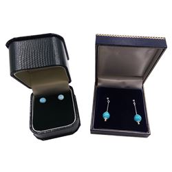 Pair of silver turquoise pendant stud earrings and a pair of silver opal stud earrings, both stamped 925 