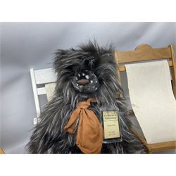 Charlie Bears bench, H41.5cm L58.5cm D29.5cm, and two Charlie Bears deck chairs, each approximately H37cm, together with a limited edition Silver Tag Bear, Logan Bear, 226/1,500, with tag, and two further bears, (6)