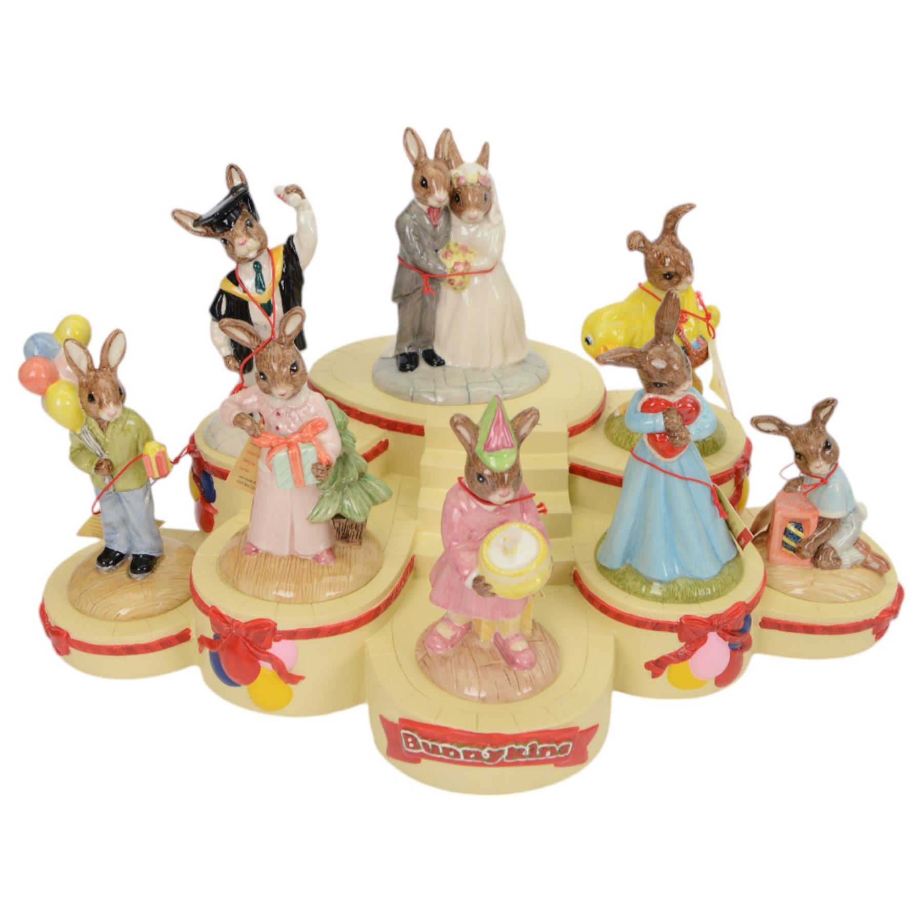 Royal Doulton Bunnykins, comprising of three complete sets;  The Arthurian Legend Set, with display plinth, Sir Gawain, Queen Guinevere, Sir Galahad, Merlin, King Arthur, Sir Galahad; Tudor set with display plinth, Henry VIII, Anne Boleyn, Jane Seymour, Catherine of Aragon, Catherine Parr, Anne Of Cleaves and Catherine Howard; The Occasions Collection: with display plinth, Christmas Morning, Wedding Day, Love Heart, Easter Treat, Birthday Girl, Congratulations, Graduation Day and Easter Parade, all with original boxes