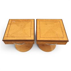Art Deco style pair of walnut bedside tables, quarter matched veneered tops with crossbanded borders, fitted with single frieze drawers with chrome handles, on circular pedestal supports