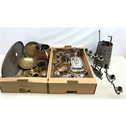 A selection of assorted metalware, to include a number of silver plated items, novelty top hat, part fluted teapot, entree dish and cover, tea pot and coffee pot, pair of candlesticks, large brass slotted spoon, large copper jug, oval copper tray. brass plates, etc.   