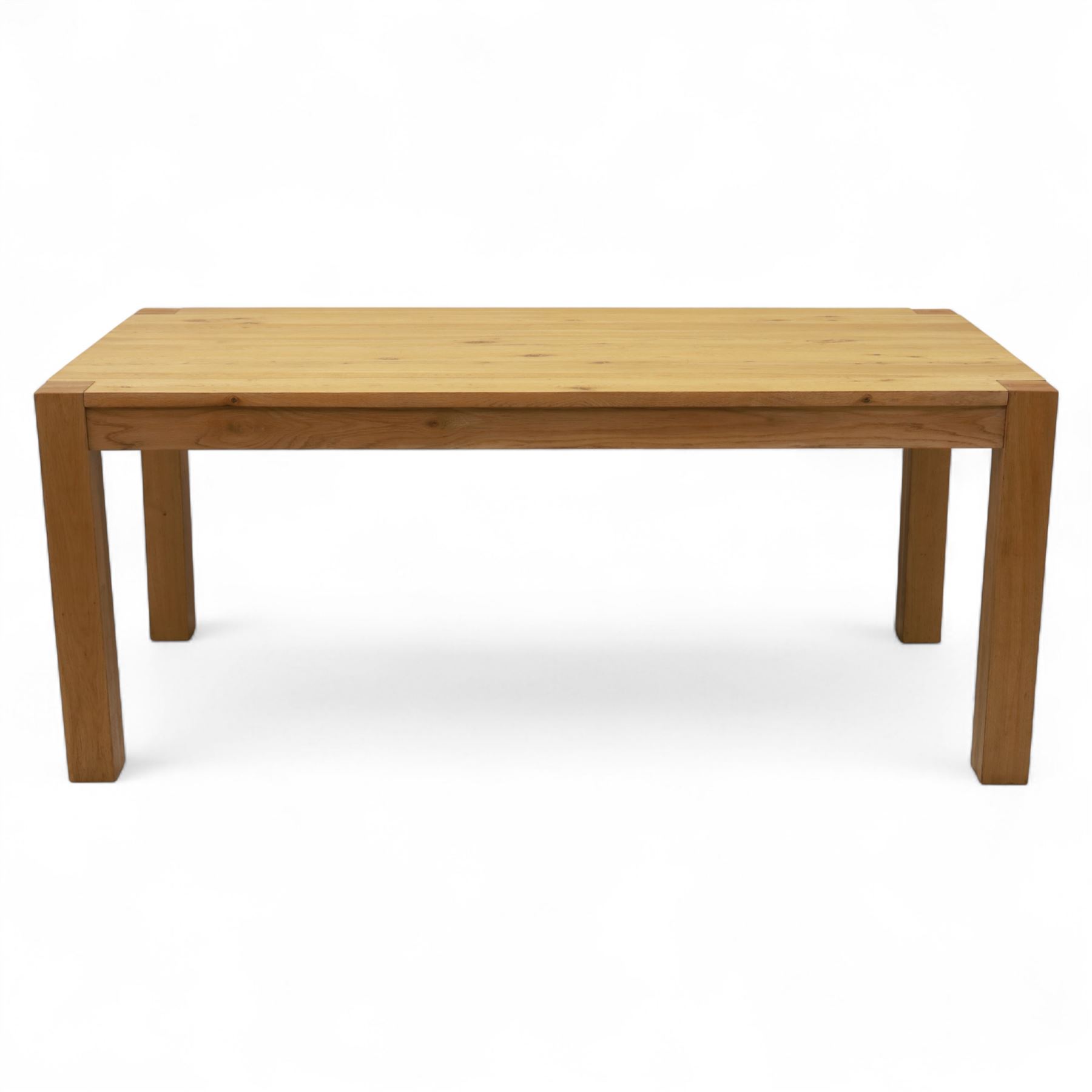 Modern oak dining table, rectangular form with detachable twin leaf extensions, supported on straight square-section legs (Extends to 280cm) 
