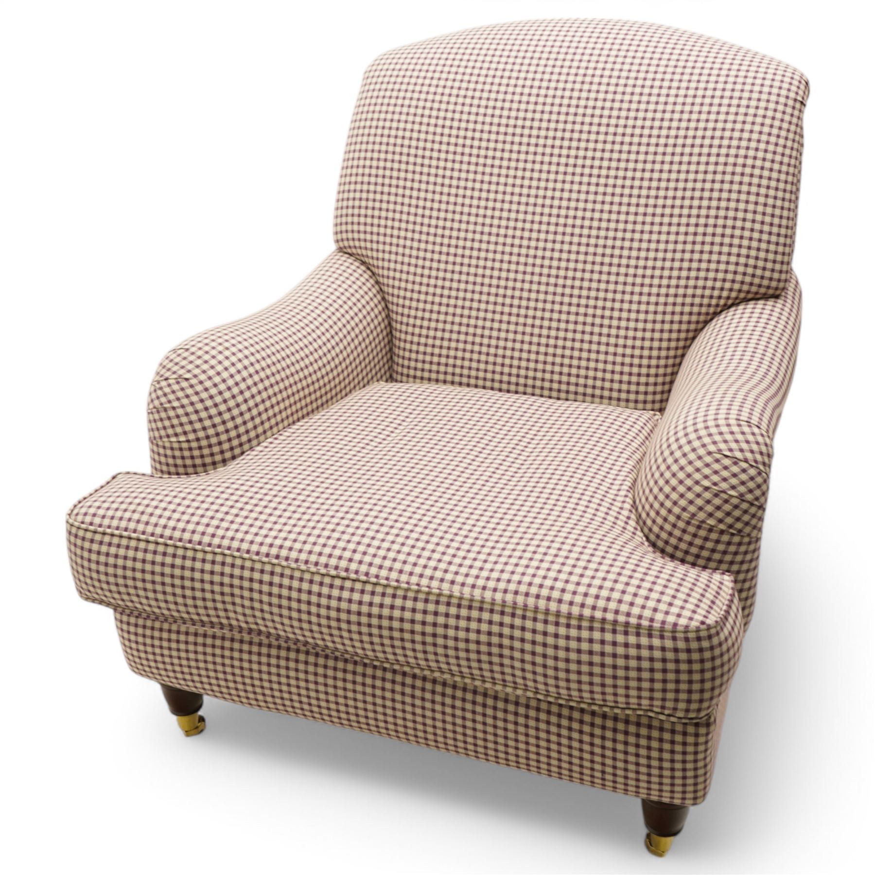 Laura Ashely - Howard design hardwood-framed armchair, upholstered in checkered fabric, on turned front feet with brass cups and castors 