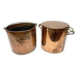 Large twin handled copper coal scuttle and cover and copper and brass riveted bucket with handle, bucket D36cm