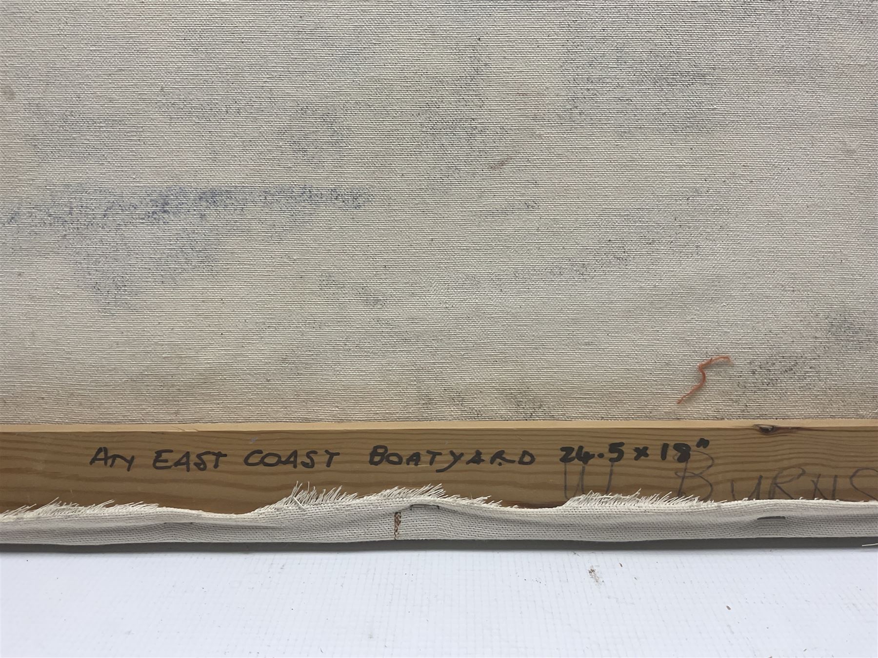 William Burns (Northern British 1923-2010): 'An East Coast Boatyard', oil on canvas unsigned, titled verso 46cm x 62cm (unframed) Provenance: Direct from the family of the artist. 
Notes: Born in Sheffield in 1923, William Burns RIBA FSAI FRSA studied at the Sheffield College of Art before the outbreak of the Second World War, during which he helped illustrate the official War Diaries for the North Africa Campaign, and was elected a member of the Armed Forces Art Society. On his return, he studied architecture at Sheffield University and later ran his own successful practice, being a member of the Royal Institute of British Architects. However, painting had always been his self-confessed 'first love', and in the 1970s he gave up architecture to become a full-time artist, having his first one-man exhibition in 1979.