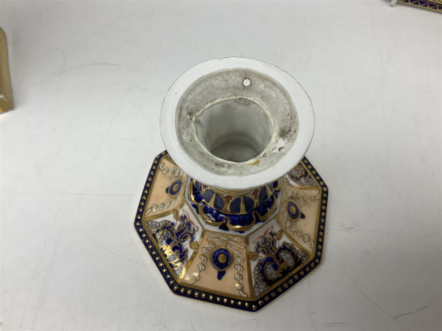 Devonport imari pattern comport set, comprising two tall comports and three low comports, together with twin handled pedestal ovoid vase, decorated with landscape with gilt swan handles, vase H25cm