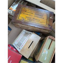 Large collection of vintage money boxes and charity boxes, including plastic, wooden, tin and ceramic examples, of various designs including Paddington, Dunlop, Jellybabies, Meerkat, Halifax Houses, Pigs, etc