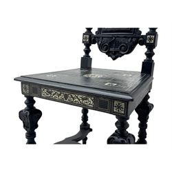 19th century Italian ebonised side chair, the backrest inlaid with bone and decorated with a painted figure in Renaissance dress within an arched reserve, flanked by turned supports and scrolled cresting, the seat and frieze similarly inlaid, raised on turned legs with shaped stretchers