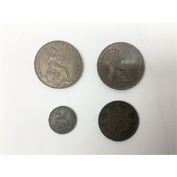 Great British and World coins including George II 1758 shilling, King George III cartwheel penny engraved as a love token, King George III 1817 half crown, Queen Victoria 1855 and 1858 pennies, approximately 260 grams of pre 1947 silver coinage, two King George V 1935 crowns, South Africa 1898 penny, States of Jersey 1871 one thirteenth of a shilling etc