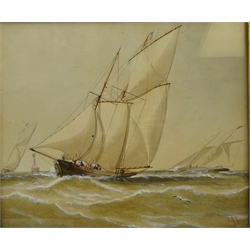  Runswick Lifeboat Coming into Shore, 19th/early 20th century watercolour signed by W. Gibson, Sailing Bats at Sea, watercolour signed by C.H. Lewis and one other max 24cm x 28cm (3)  
