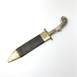 Large Bowie knife, the 20cm steel blade marked R. Coope(r?) Sheffield England, with plated crosspiece and pistol grip embossed with scrolls and anthemion, in plated and leather scabbard L33cm overall