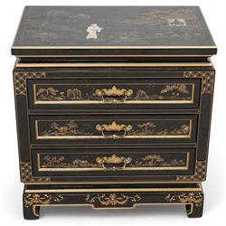 Chinese design black lacquered cupboard, decorated with birds and trailing flowers (W61cm, H81cm, D31cm); together with a similar Chinese design three drawer chest (W57cm, D34cm, H61cm)