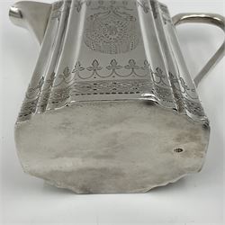 Victorian three-piece silver tea service, comprising teapot, twin handled open sucrier and milk jug, of oval form with shaped rim and C handles, each engraved with crests and bands of strapwork decoration, the milk jug and sucrier with gilt interiors, hallmarked Josiah Williams & Co, Exeter 1881, the teapot with ivory insulators and finial, all contained with a tooled leather, blue silk and velvet lined fitted case, retailed by West & Sun, Dublin 
This item has been registered for sale under Section 10 of the APHA Ivory Act