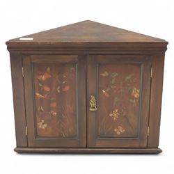 19th century painted oak corner cupboard, decorated with floral motifs, brass locking handle