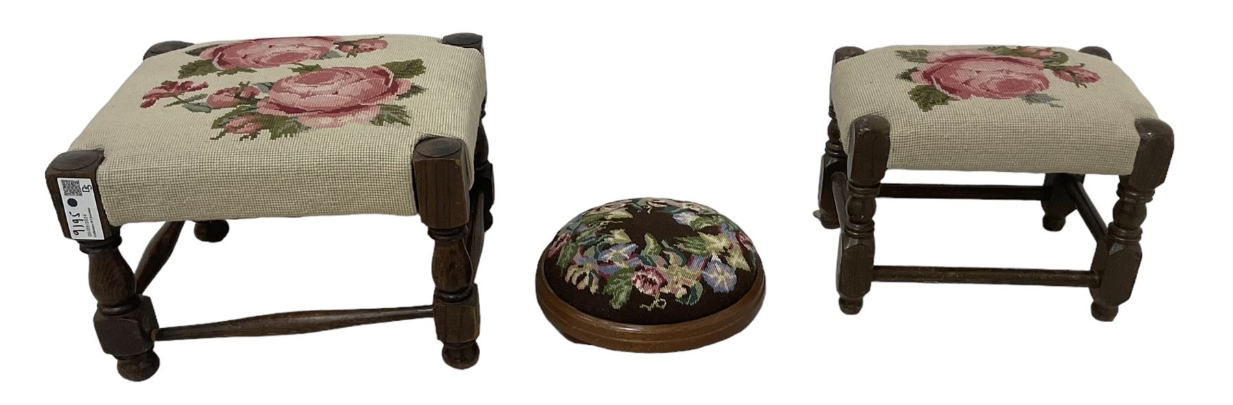 Mahogany valet stand; mahogany dressing stool with cabriole supports; three footstools with tapestry seats; Georgian design chair on castors (6)