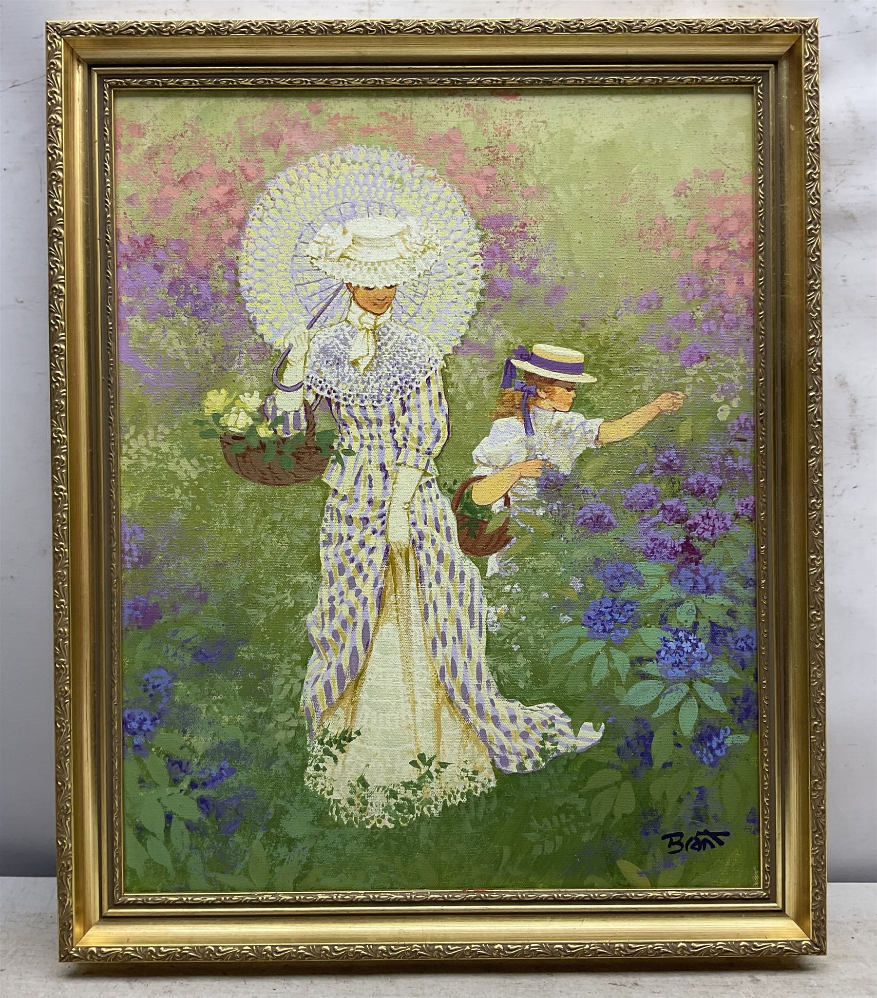 Continental School (20th Century): Mother and Daughter Picking Flowers, oil on canvas indistinctly signed 49cm x 39cm 