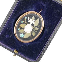 19th century Pietra Dura flower brooch in a gilt metal surround, with blue velvet jewellery box
