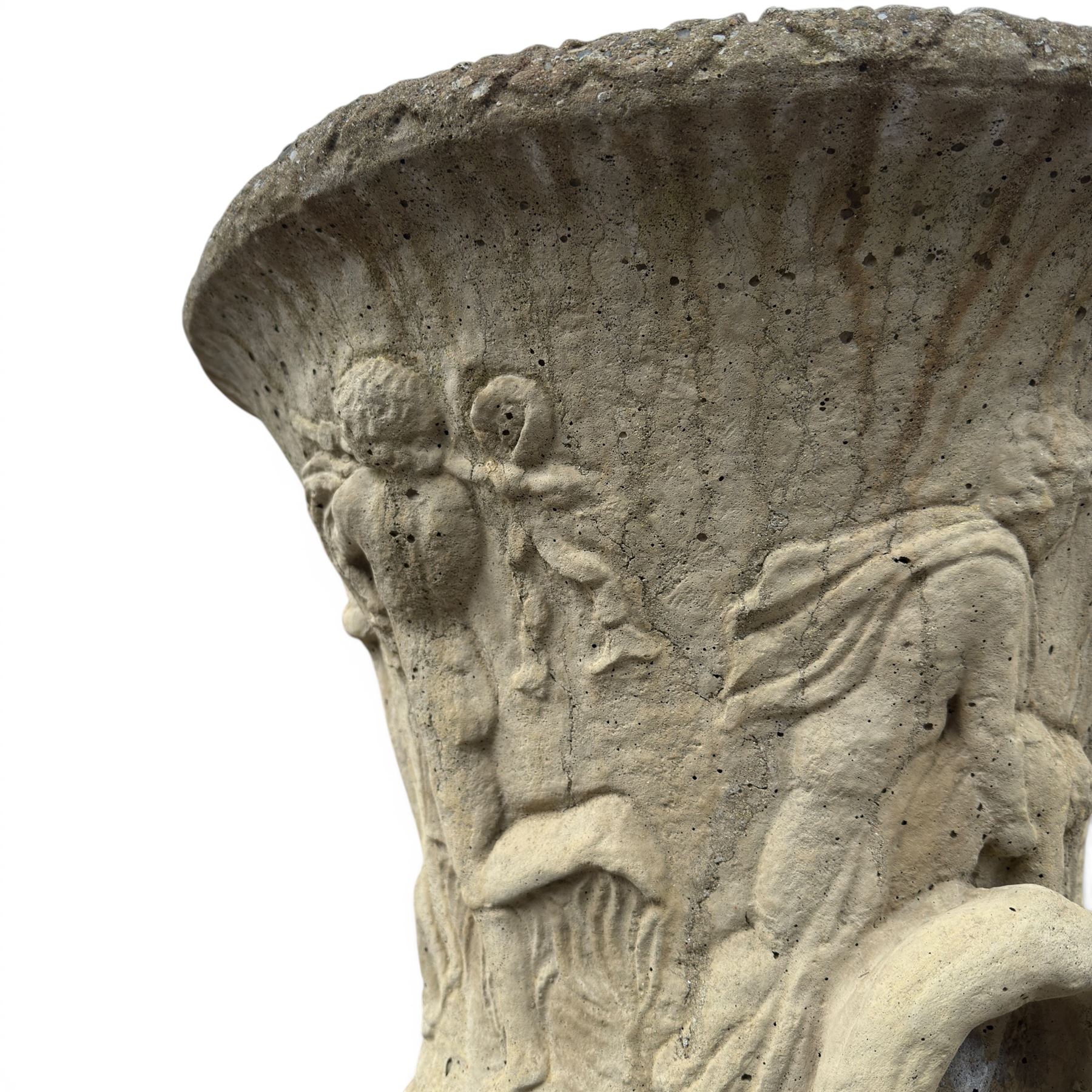 Greek design cast stone garden centre-piece urn, decorated with figures and loop handles, raised on squat pedestal, square base