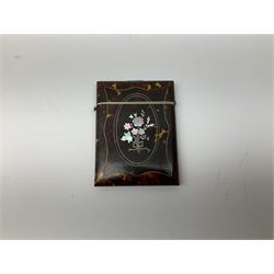 19th century tortoiseshell and mother of pearl calling card case, the front inlaid with floral spray, H20.5cm