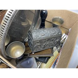 Silver plated jewellery box with foliate decoration and domed hinged lid, further silver plate and other metalware,
Icon of Mary and baby Jesus on wood, quantity of craved treen, rug etc