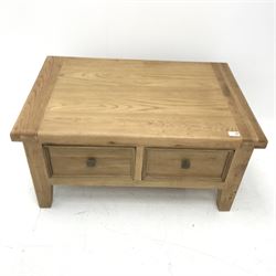 Rectangular oak coffee table with two through drawers, 90cm x 60cm, H45cm