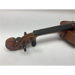 Four Chinese graduated violins - full size with 35.5cm two-piece back; three-quarter size with 33.5cm two-piece back; half size with 31cm two-piece back; and quarter size with 27.5cm two-piece back; all cased except full size; one with bow (4)