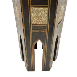 Early 20th century Anglo-Indian hexagonal table, the top decorated with mother of pearl beads and chequered banding, the base with fretwork pointed arches and inlays
