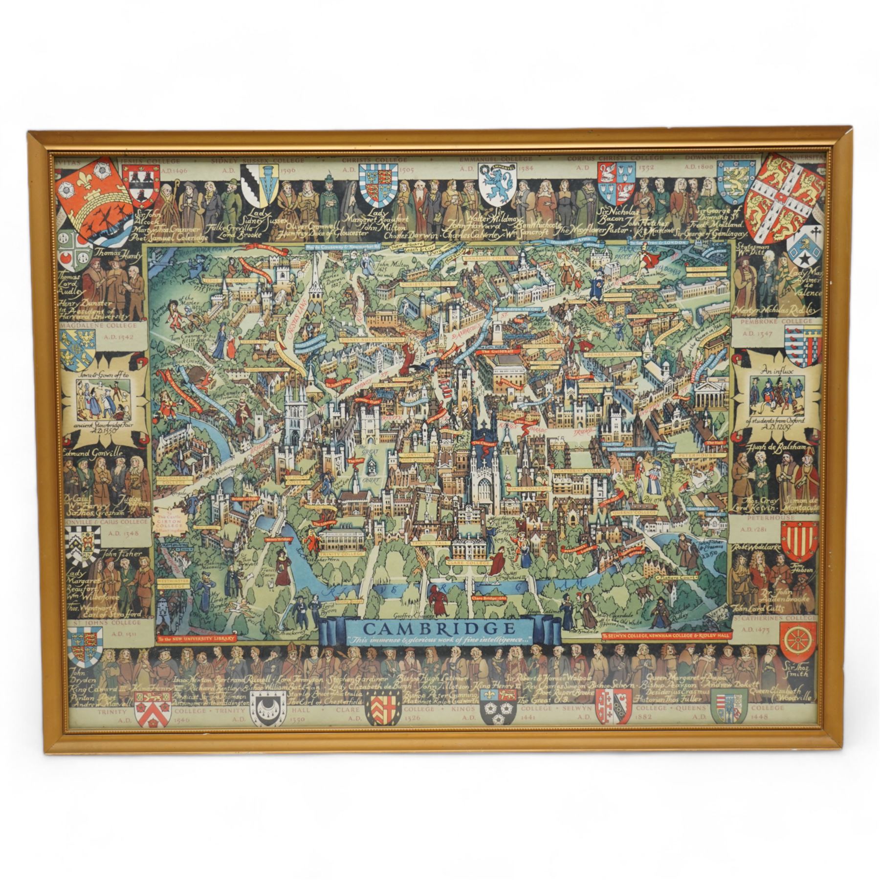 Kerry Lee (British 1902-1988): 'Cambridge', pictoral colour lithograph map pub. c.1947, 44cm x 58cm