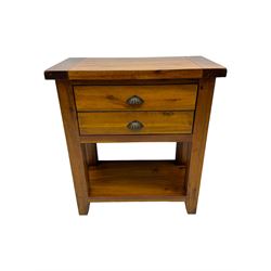 Contemporary hardwood side table, rectangular top over two drawers with shell cup handles, open shelf below, raised on square tapering supports