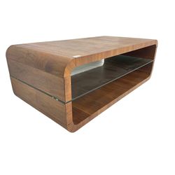 Contemporary walnut coffee table, curved rectangular form, fitted with central glass shelf