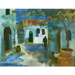 Richard Tuff (British 1965-):  Greek Street Scene, gouache on paper signed 36cm x 48cm 
