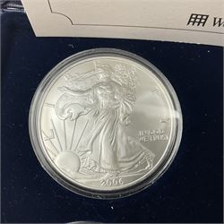 Four one ounce fine silver coins, forming 'The 2006 Famous World Silver Coin Collection', comprising United States eagle, Australian kangaroo, Chinese panda and Canadian maple leaf, cased with Westminster certificate 
