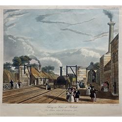 Henry Pyall and S G Hughes after Thomas Talbot Bury (British 1811-1877): Views on the Liverpool and Manchester Railway, twelve aquatints (two doubled up) with hand colouring pub. Ackermann c.1831-1833, 20cm x 25cm (12) (unframed)
Notes: Plates consist of: '[1] The Tunnel' (x2) (both 1831 and 1833 editions), '[2] Entrance of the Railway at Edge Hill Liverpool', '[3] Excavation of Olive Mount four miles from Liverpool', '[6] Entrance into Manchester across Water Street', '[8] Railway Office Liverpool', '[9] Warehouses at the end of the Tunnel towards Wapping' (x2) (both 1831 and 1833 editions), '[10] Moorish Arch looking from the Tunnel' '[11] Near Liverpool looking towards Manchester', '[12] Rainhill Bridge', '[13] Taking in Water at Parkside'.