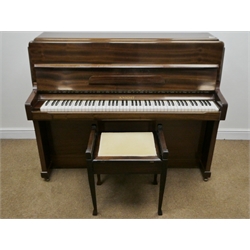  Mid 20th century Knight upright walnut cased piano, cast iron framed and overstrung movement (W139cm, H109cm, D56cm) with stool  