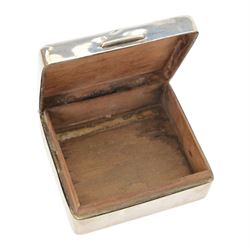 Group of silver, comprising Edwardian cigarette case, of rectangular form with embossed cartouche and band decoration, hallmarked John Round & Son Ltd, Sheffield 1909, 1920s silver mounted cigarette box, with personal engraving to hinged cover and softwood interior, hallmarked Birmingham 1926, and a Victorian matchbox cover with embossed decoration, hallmarked William Comyns, London 1898, thimble and a toothpick, both hallmarked, cigarette box H3.5cm