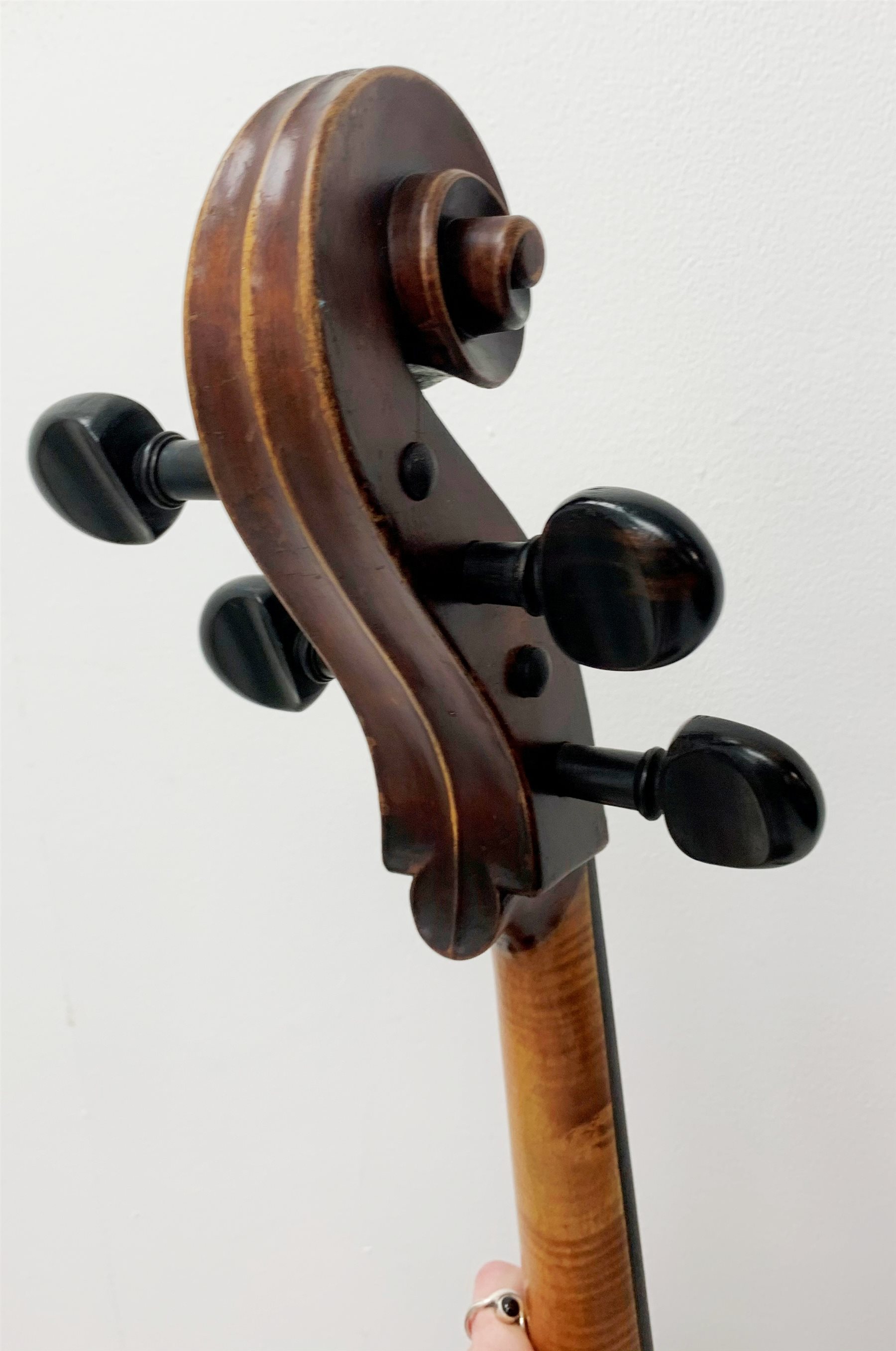  Mid-19th century German cello with 76cm two-piece maple back and ribs and spruce top, bears label Franz Janisch, Wein, VII Neubrugasse 184(?), 124cm overall, in modern soft carrying case   