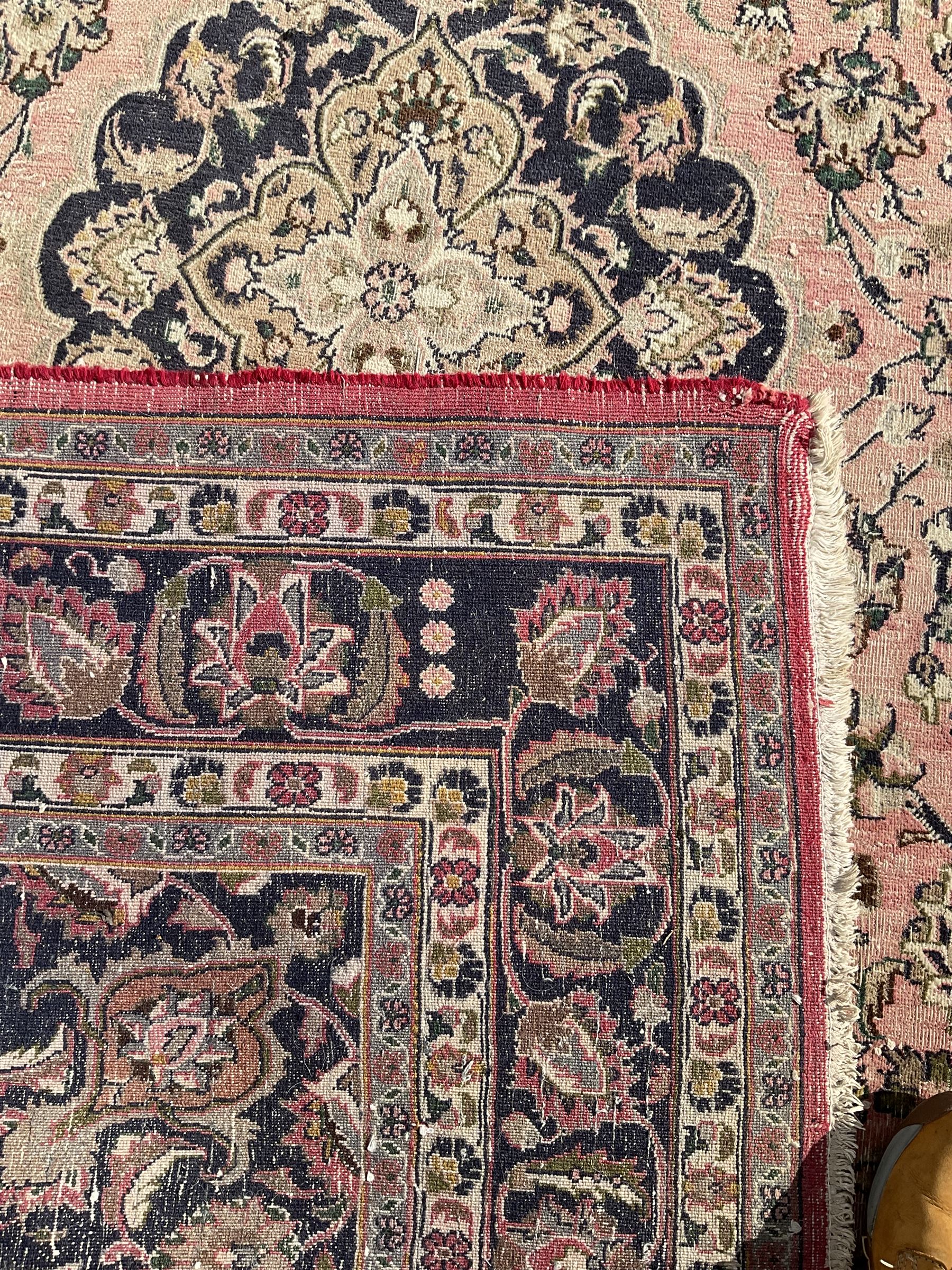 Persian Kashan carpet, blue shaped medallions and spandrels, the field