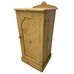 19th century waxed pine bedside cabinet, fitted with single panelled cupboard, on skirted base