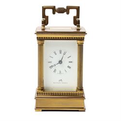 Matthew Norman - Modern repeating carriage clock with Swiss movement, white dial, brass and bevelled glass case H14cm, boxed and a miniature carriage clock by the same maker H9cm, boxed (2) 