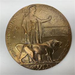WWI pair of medals comprising British War Medal and Victory Medal awarded to G/62196 Pte. H. Ferguson R. Fus. with ribbons on wearing bar; together with bronze memorial plaque to Henry Ferguson (3)