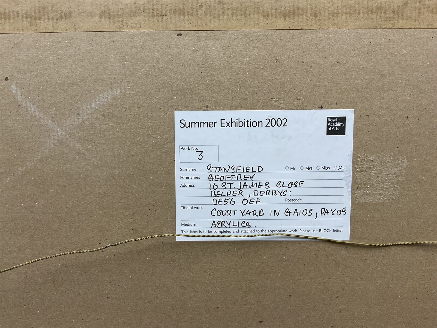 Geoffrey Stansfield (British 1933-2011): 'Courtyard in Gaios - Paxos', acrylic on board signed with initials and dated '02, titled on exhibition label verso 46cm x 60cm 
Provenance: exh. Royal Academy Summer Exhibion 2002, label verso