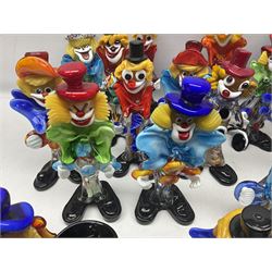 Large quantity of Murano glass clowns, to include two figural ashtrays and one bowl, in two boxes