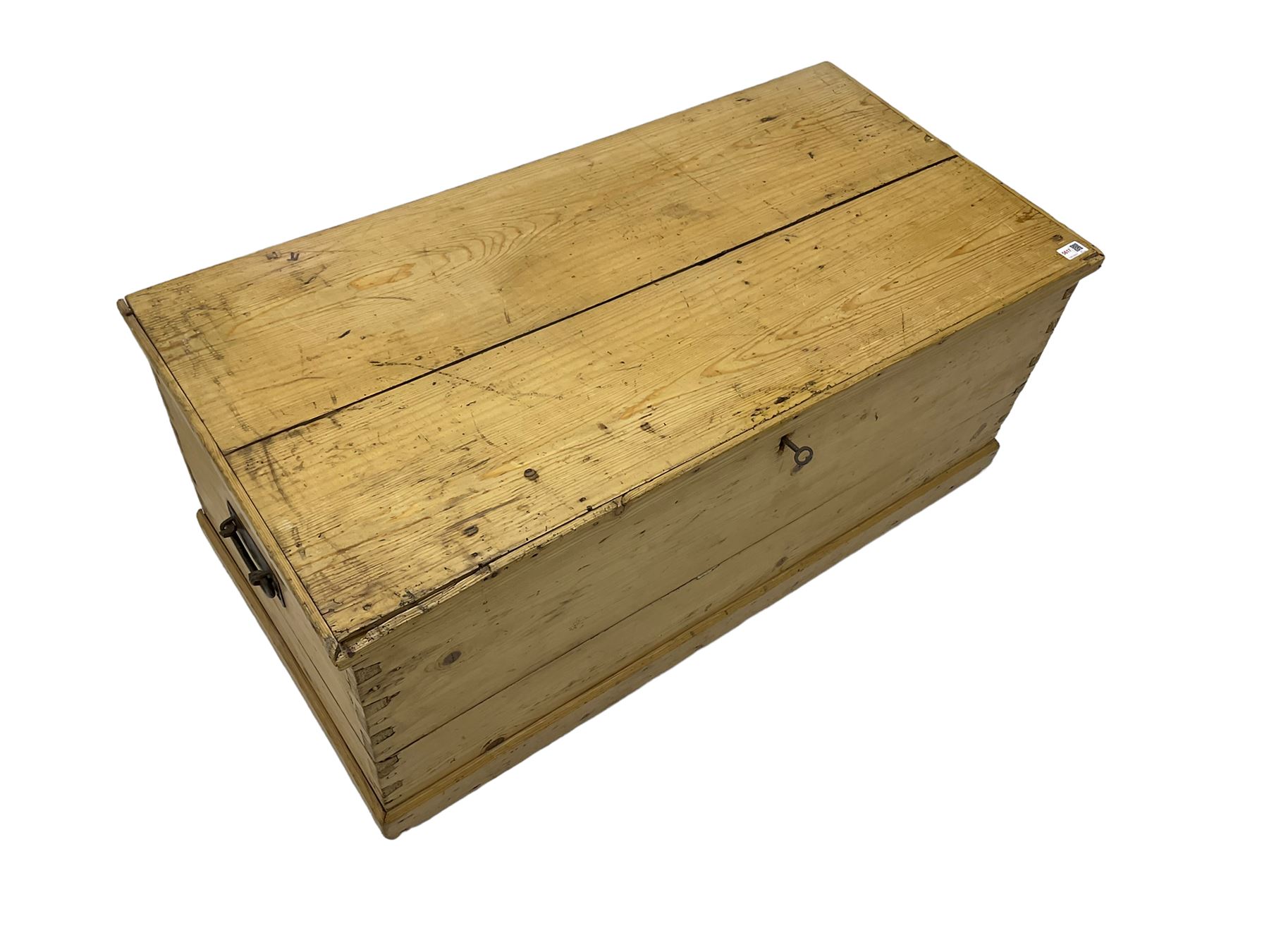 Victorian pine blanket box, hinged lid, with metal carrying handles