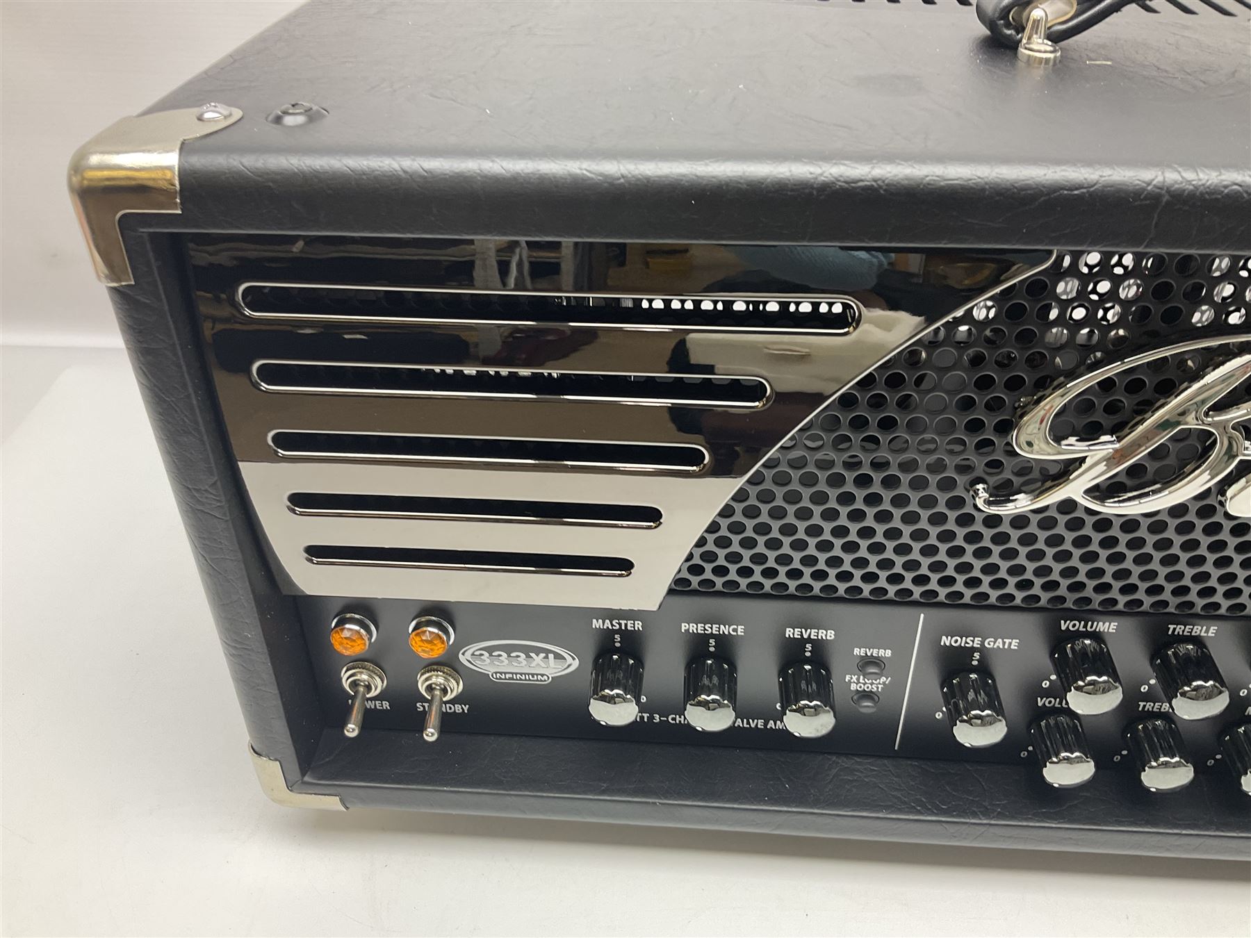 As new Bugera 333XL Infinium Hardcore 120-watt 3-channel tube amplifier head with reverb and Infinium tube life multiplier; date code 1507; number S1500576AAC L69cm; boxed with foot controller, power cable and paperwork